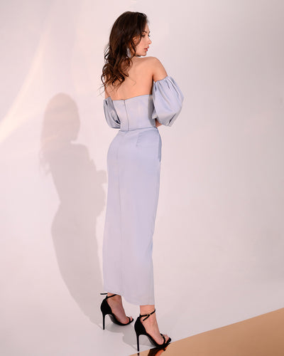 Gray-blue PUFF-SLEEVE MIDI DRESS (ARTICLE 289)