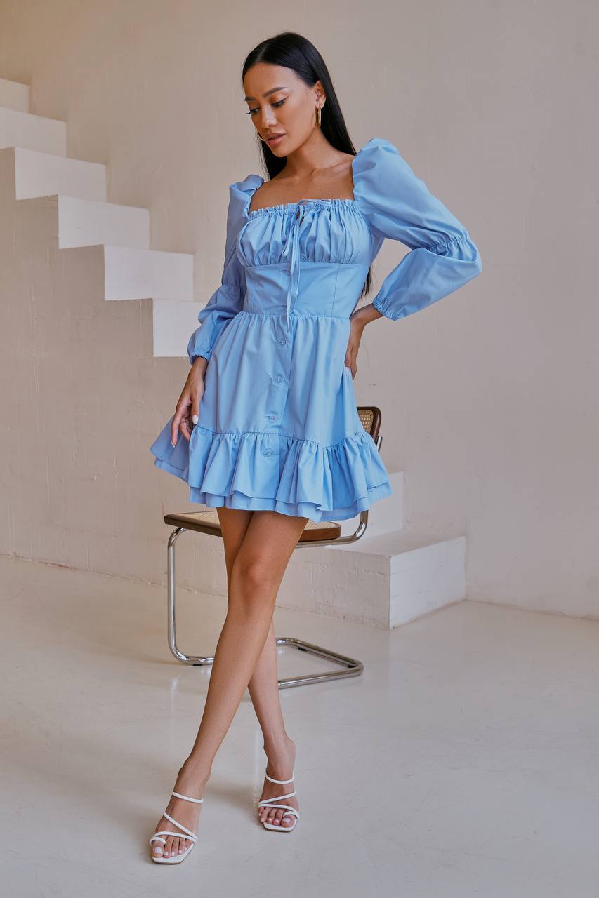 Sky blue BUTTONED PUFF-SLEEVE MINI DRESS (ARTICLE 339)