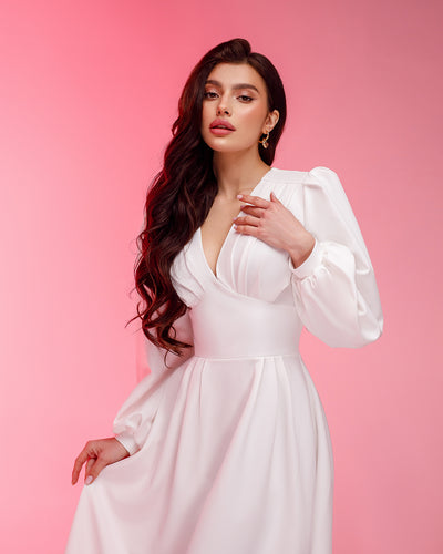 White V-NECK PUFF-SLEEVE MIDI DRESS (ARTICLE 352)