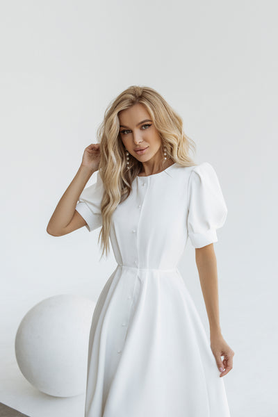 White fitted PUFF-SLEEVE MIDI DRESS (ARTICLE C390)