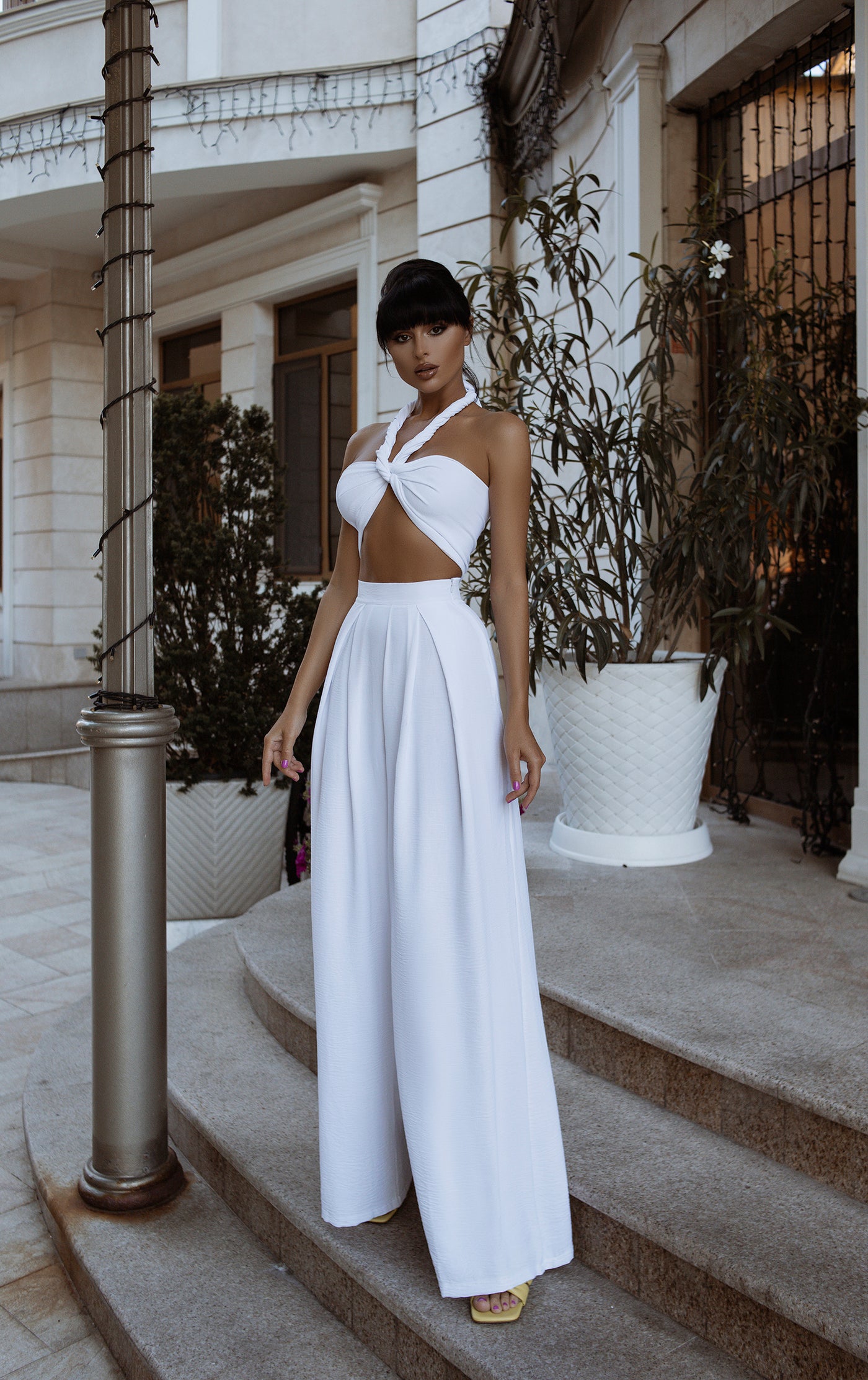 White BOW TOP & WIDE-LEG PANTS 2-PIECE SET (ARTICLE C371)