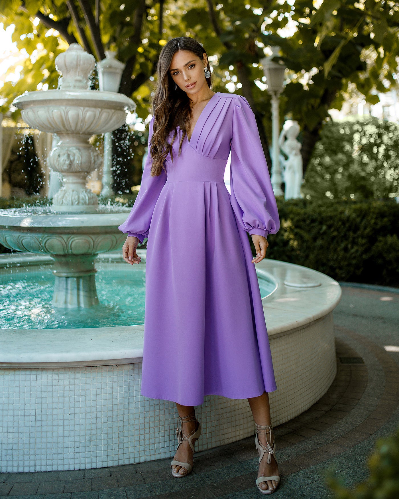 Purple V-NECK PUFF-SLEEVE MIDI DRESS (ARTICLE 352)