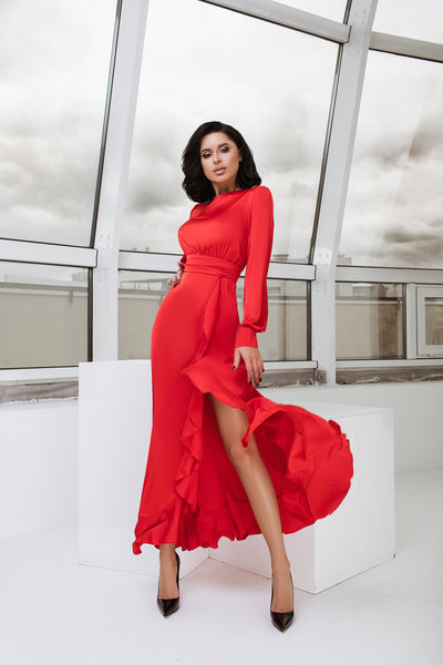 Red THIGH-SLIT MAXI DRESS (ARTICLE C257)