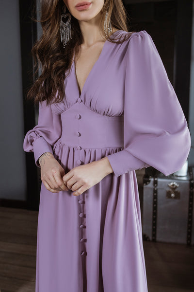 Fraise V-NECK BUTTONED PUFF-SLEEVE MIDI DRESS (ARTICLE C392)