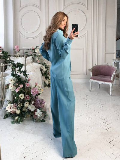 Blue Shirt & High Waist Pants 2-Piece Set (article 284)