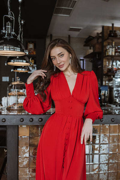 Red V-NECK BUTTONED PUFF-SLEEVE MIDI DRESS (ARTICLE C392)