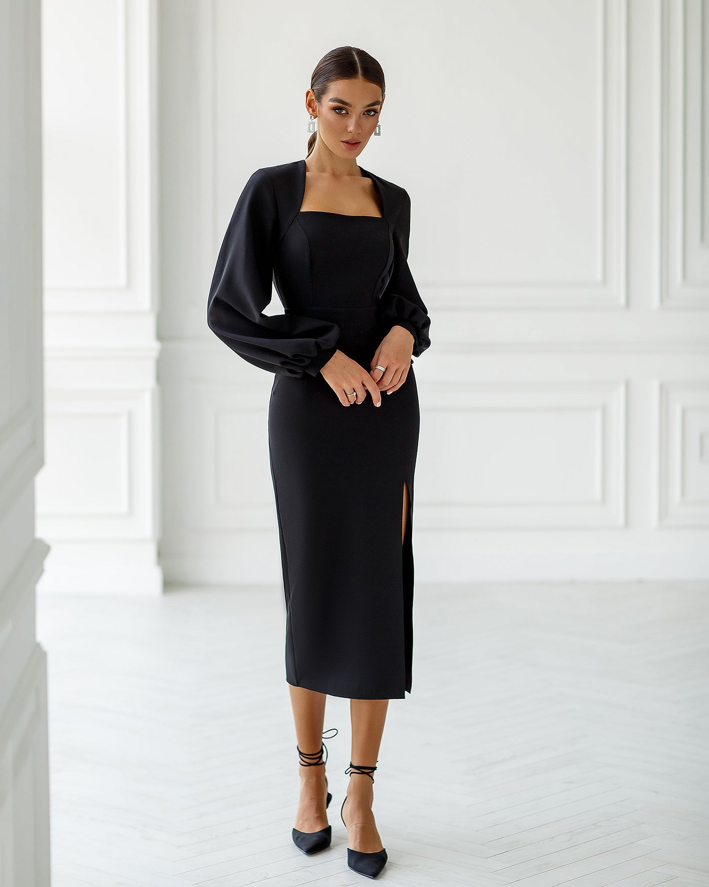 Black SQUARE NECK PUFF-SLEEVE MIDI DRESS (ARTICLE 353)