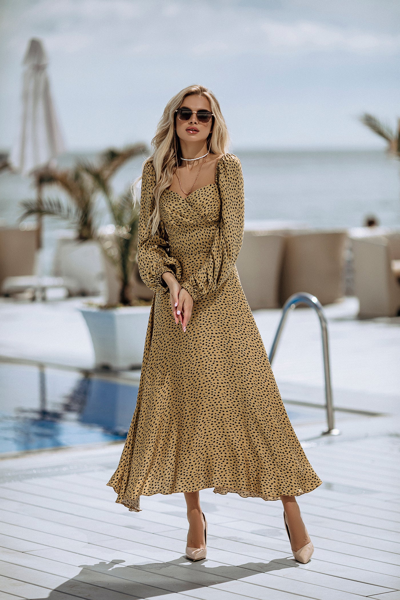 Gold PUFF SLEEVE MIDI DRESS (ARTICLE C329)