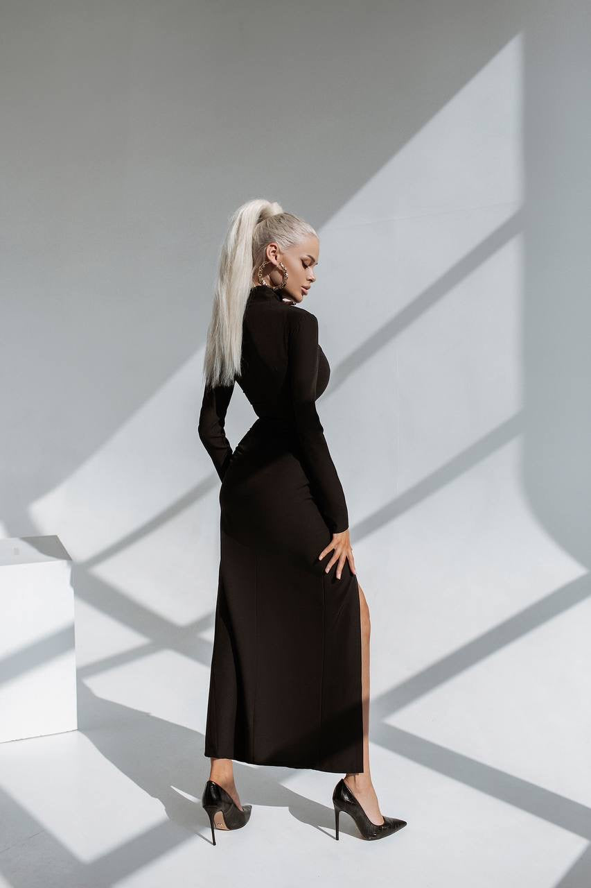 Black High Neck Side-Slit Midi Dress (article C359)