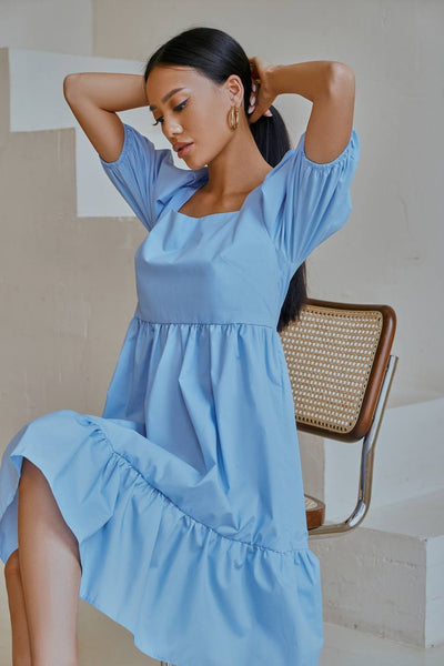 Sky-Blue Square Neck Puff-Sleeve Mini Dress (article 346)