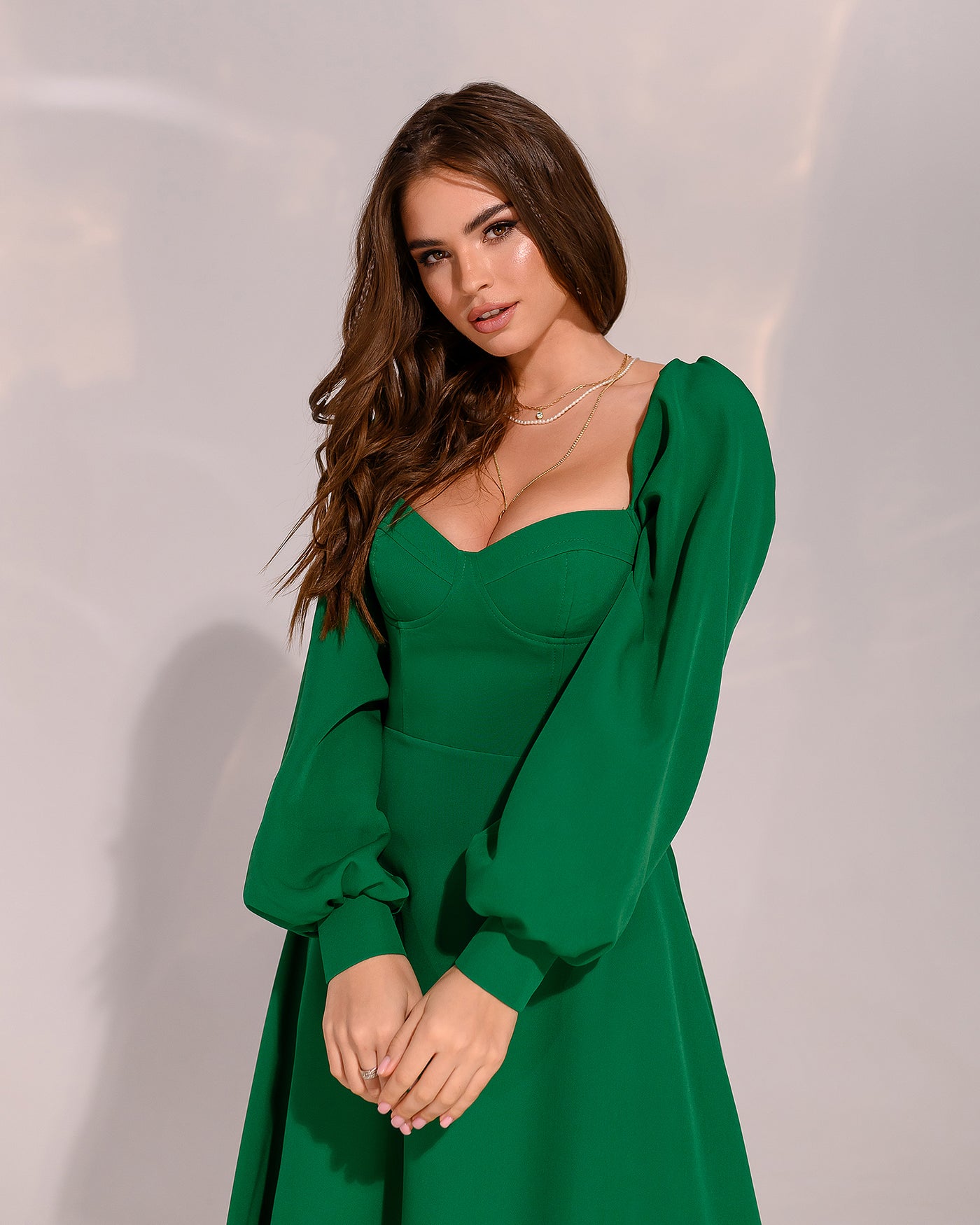 Green PUFF-SLEEVE MIDI DRESS (ARTICLE 401)