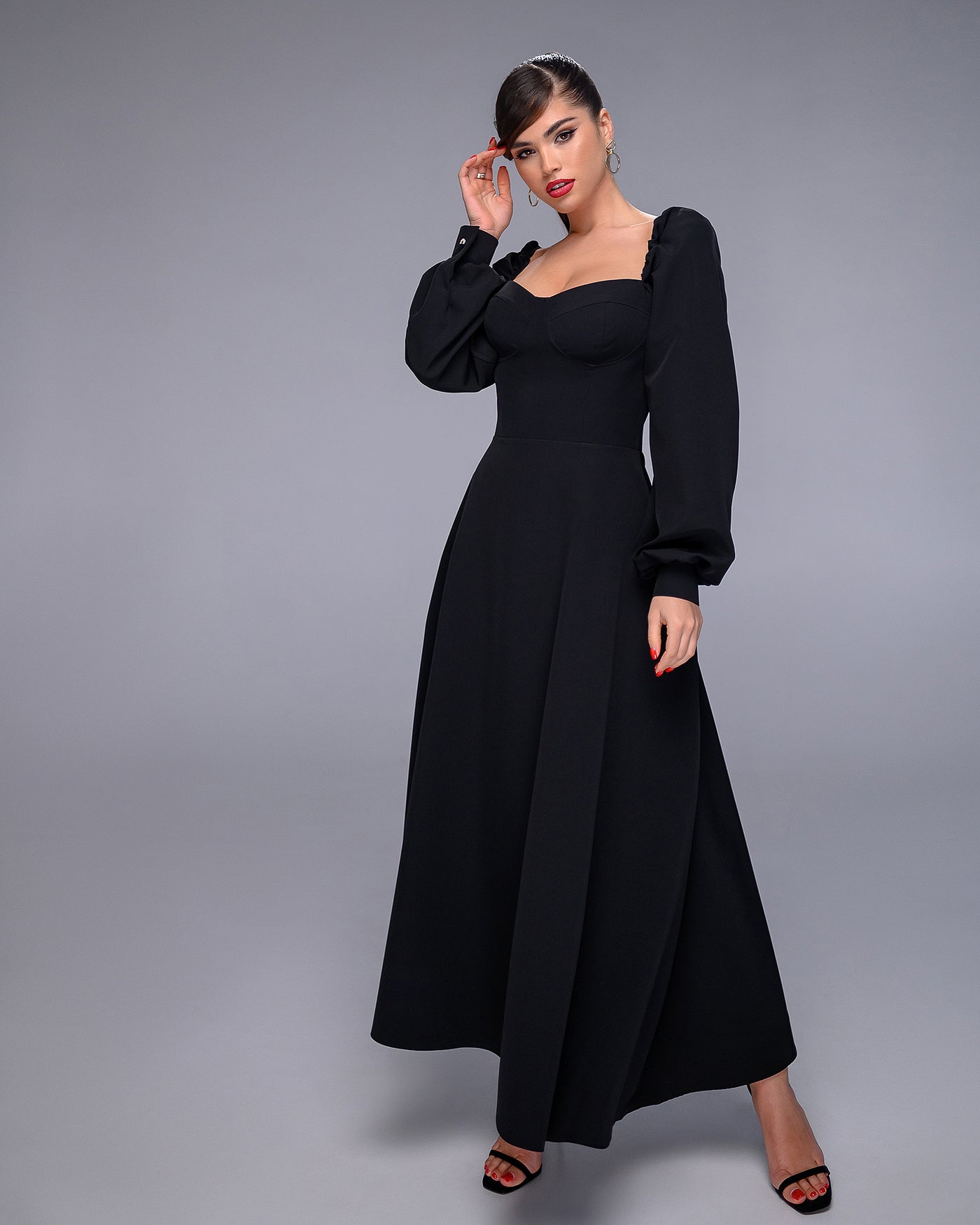 Black PUFF-SLEEVE MIDI DRESS (ARTICLE 401)