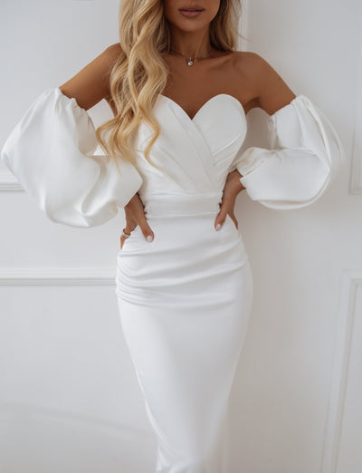 White PUFFED SLEEVE MIDI DRESS (ARTICLE C292)