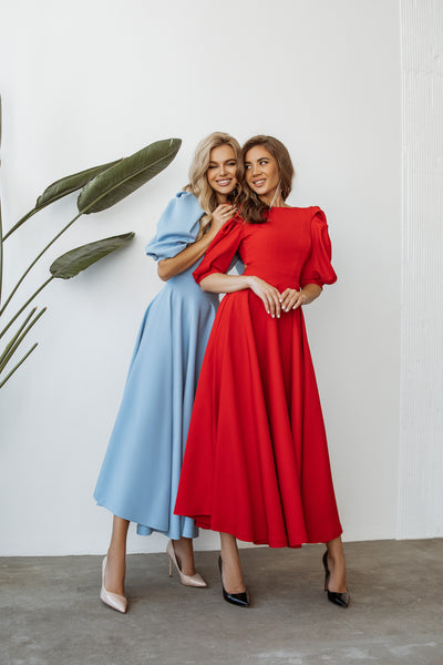 Red BACKLESS PUFF-SLEEVE MIDI DRESS (ARTICLE C383)