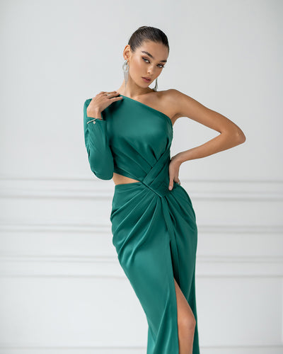 Emerald SATIN ONE-SHOULDER CUT-OUT MIDI DRESS (ARTICLE 341)