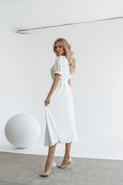 White fitted PUFF-SLEEVE MIDI DRESS (ARTICLE C390)