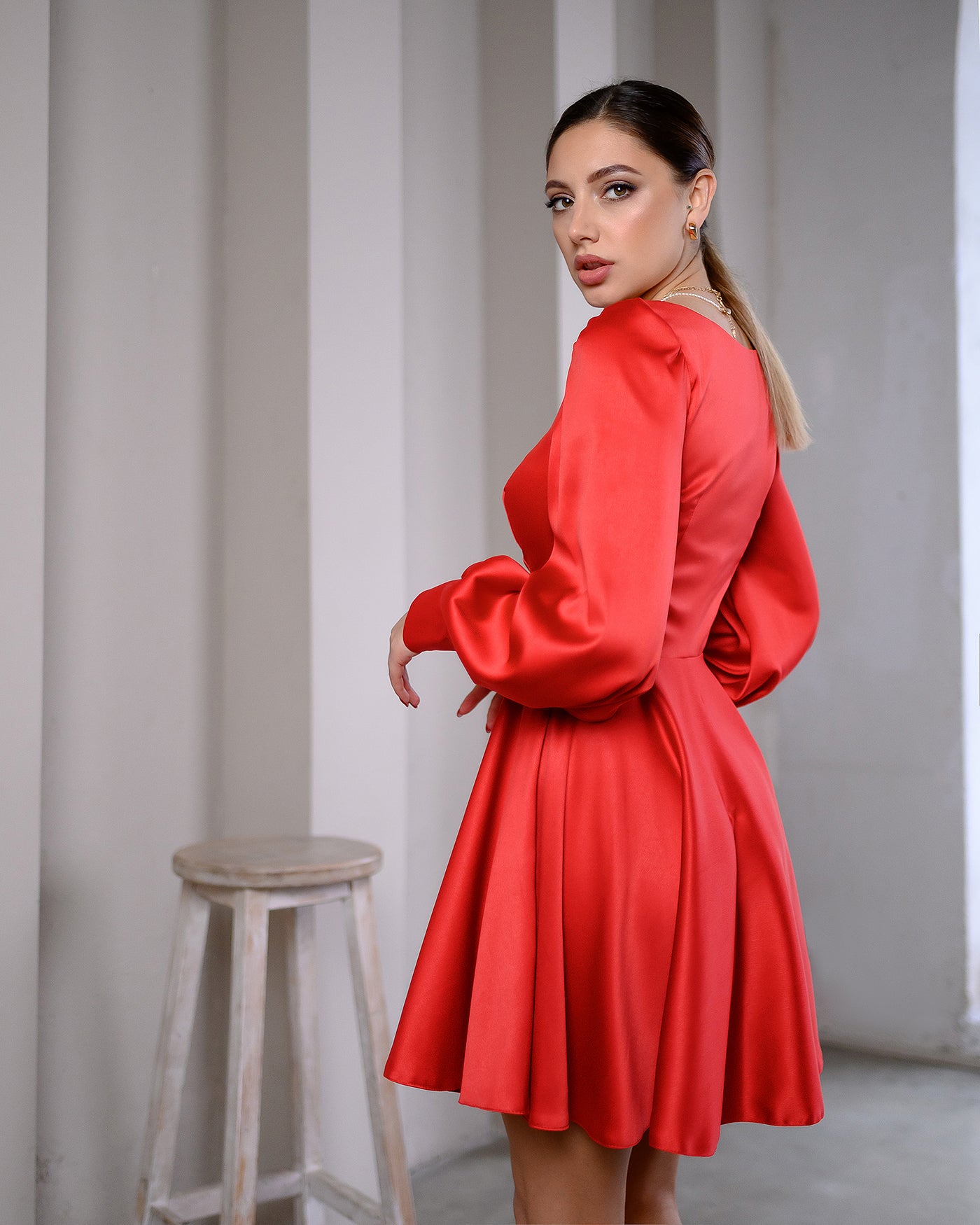 Red SATIN LONG SLEEVE MINI DRESS (ARTICLE 310)