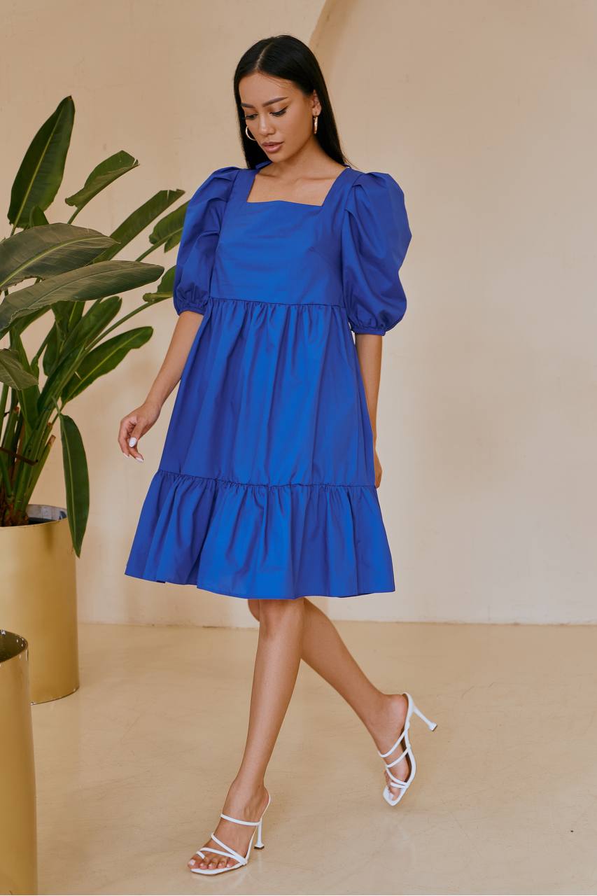 Blue SQUARE NECK PUFF-SLEEVE MINI DRESS (ARTICLE 346)