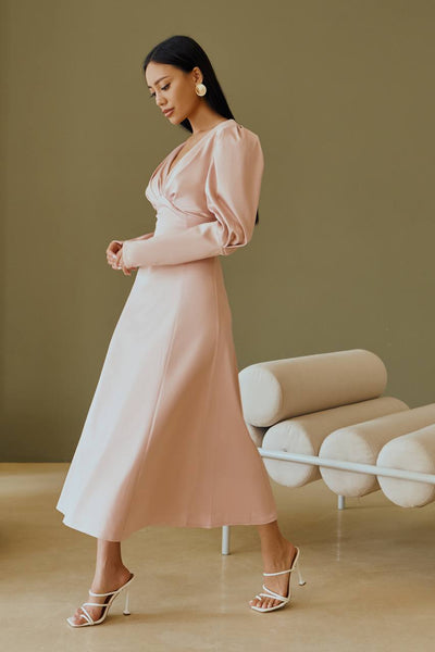 Dusty Pink Satin Bow Back Midi Dress (article 340)