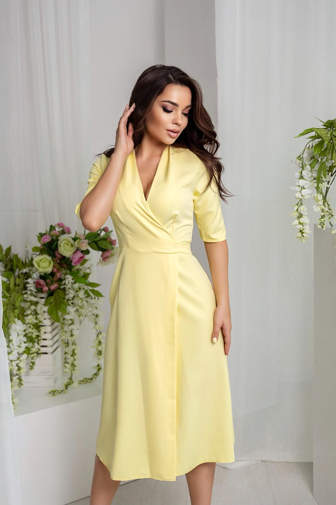 Yellow Wrap Short Sleeve Midi Dress (article 105)