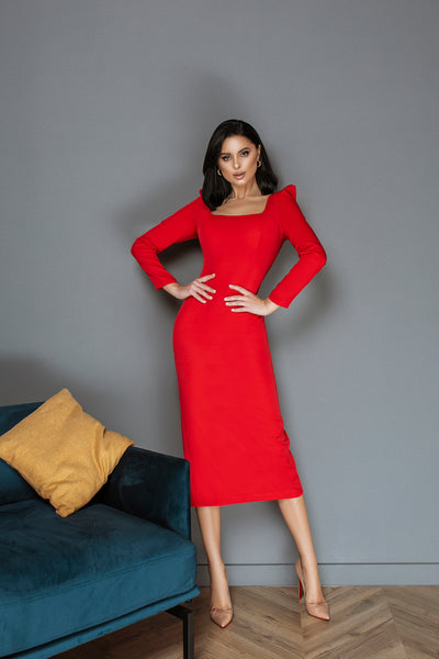 Red Square Neckline Midi Dress (article C362)