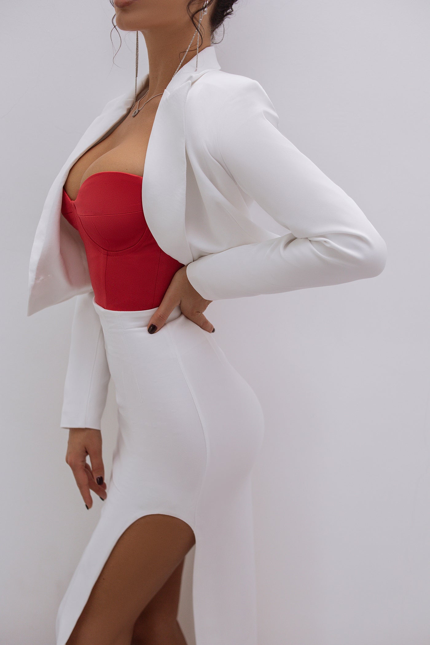 White CROP JACKET SKIRT SUIT 2-PIECE SUIT (ARTICLE C385)