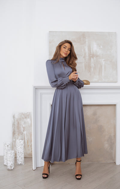 Graphite SILK LONG SLEEVE MAXI DRESS (ARTICLE C323)