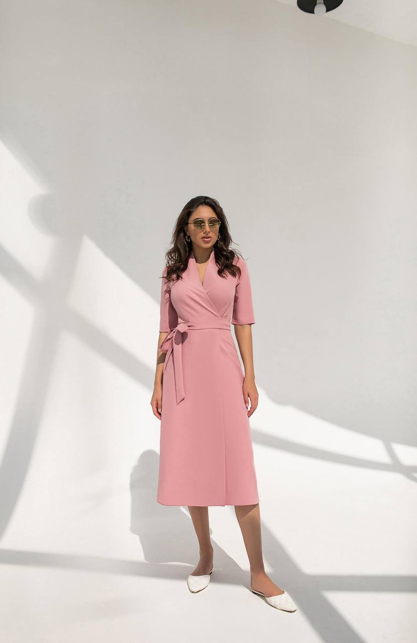 Dusty Pink Wrap Short Sleeve Midi Dress (article 105)