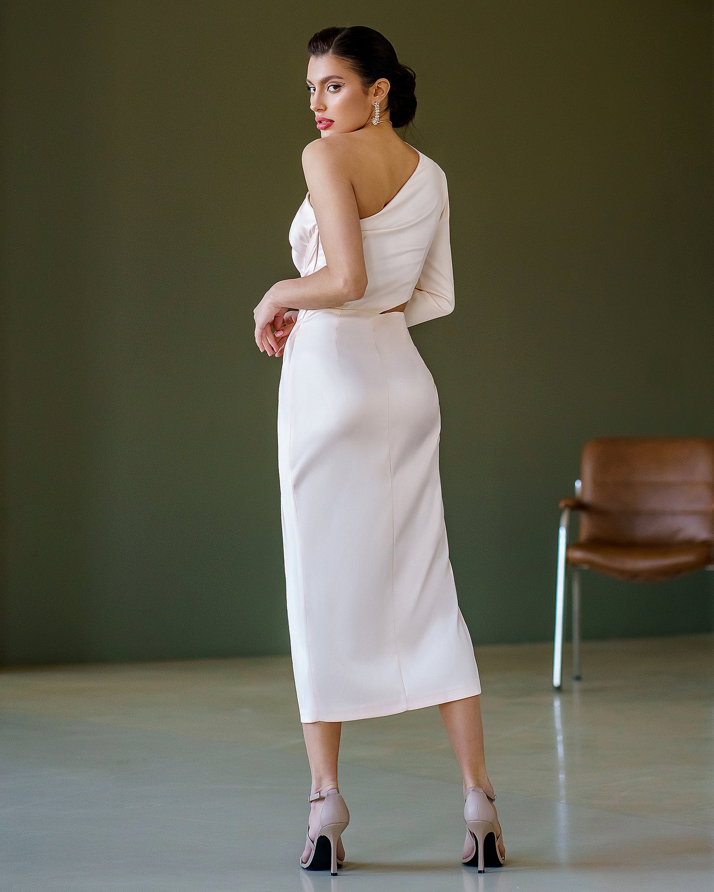 White Satin One-Shoulder Cut-Out Midi Dress (article 341)