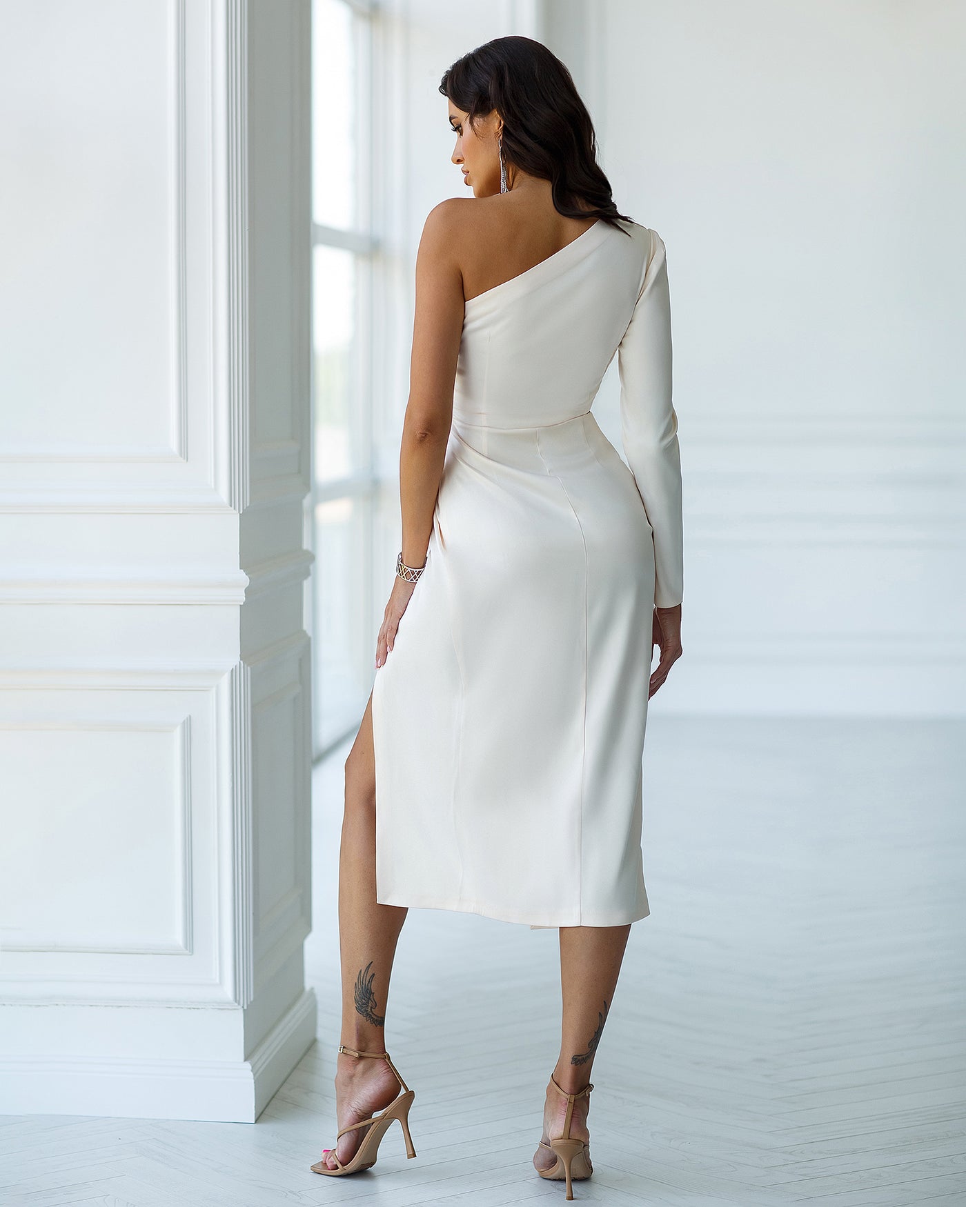 White Satin One-Shoulder Cut-Out Midi Dress (article 341)