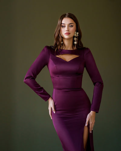 Bordeaux SATIN LONG SLEEVE MIDI DRESS (ARTICLE 342)