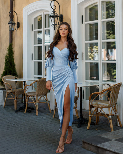 Sky blue SATIN PUFF-SLEEVE MIDI DRESS (ARTICLE 333)