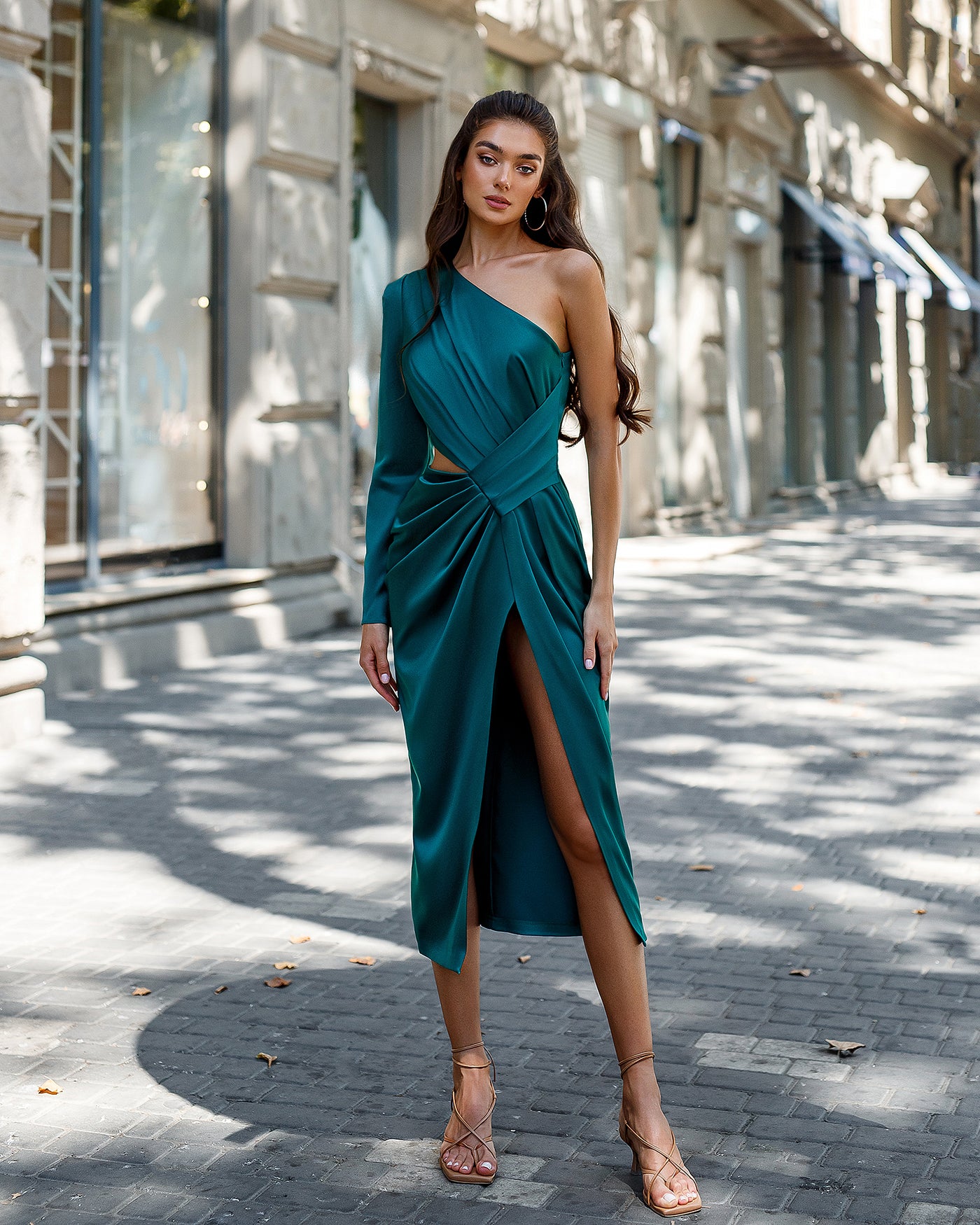 Emerald SATIN ONE-SHOULDER CUT-OUT MIDI DRESS (ARTICLE 341)