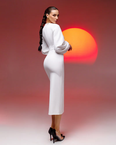 White SQUARE NECK PUFF-SLEEVE MIDI DRESS (ARTICLE 353)