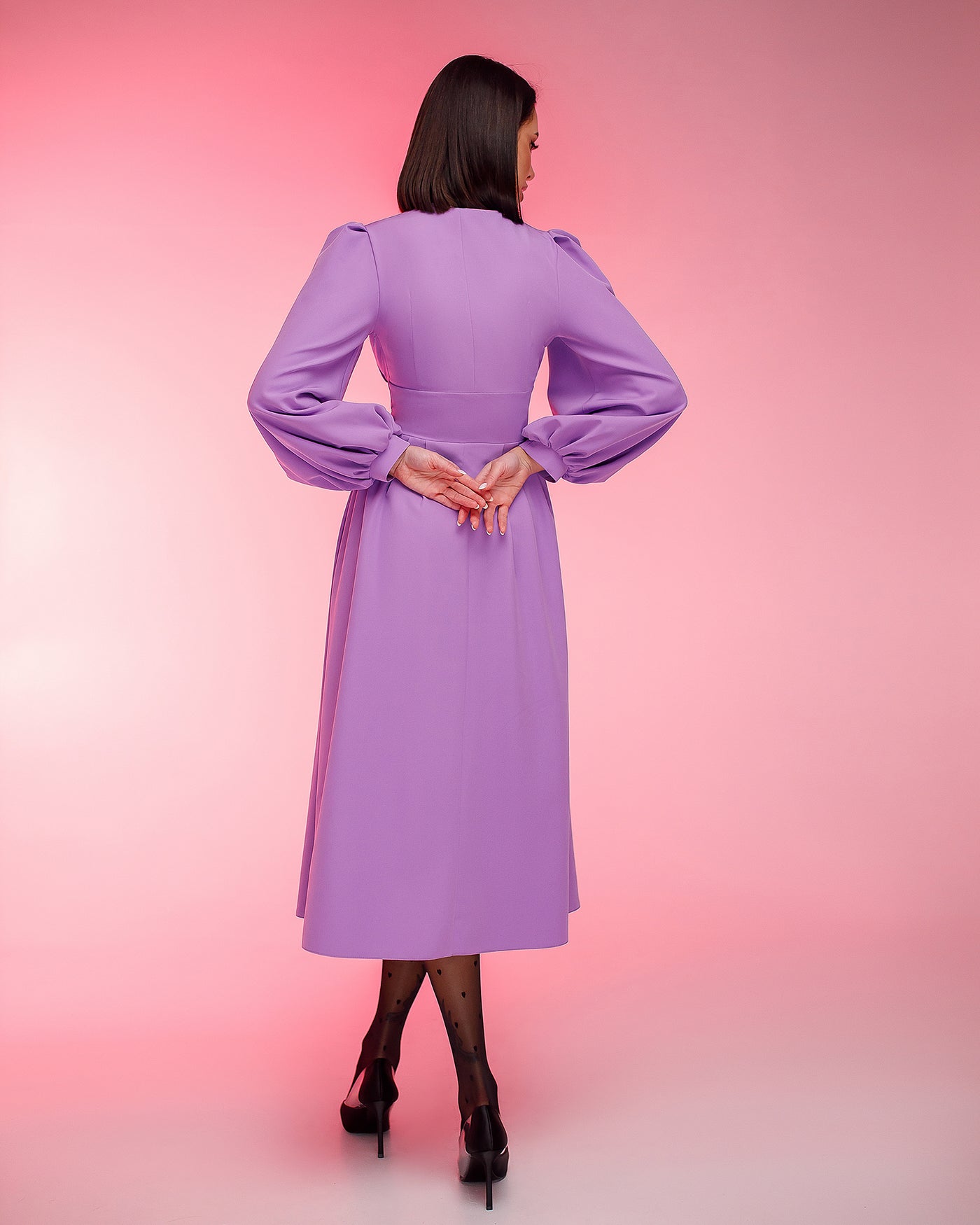 Purple V-NECK PUFF-SLEEVE MIDI DRESS (ARTICLE 352)