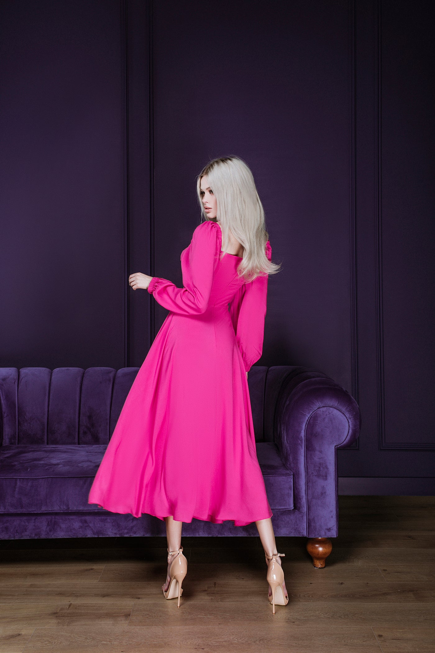 Crimson Puff Sleeve Midi Dress (article C329)