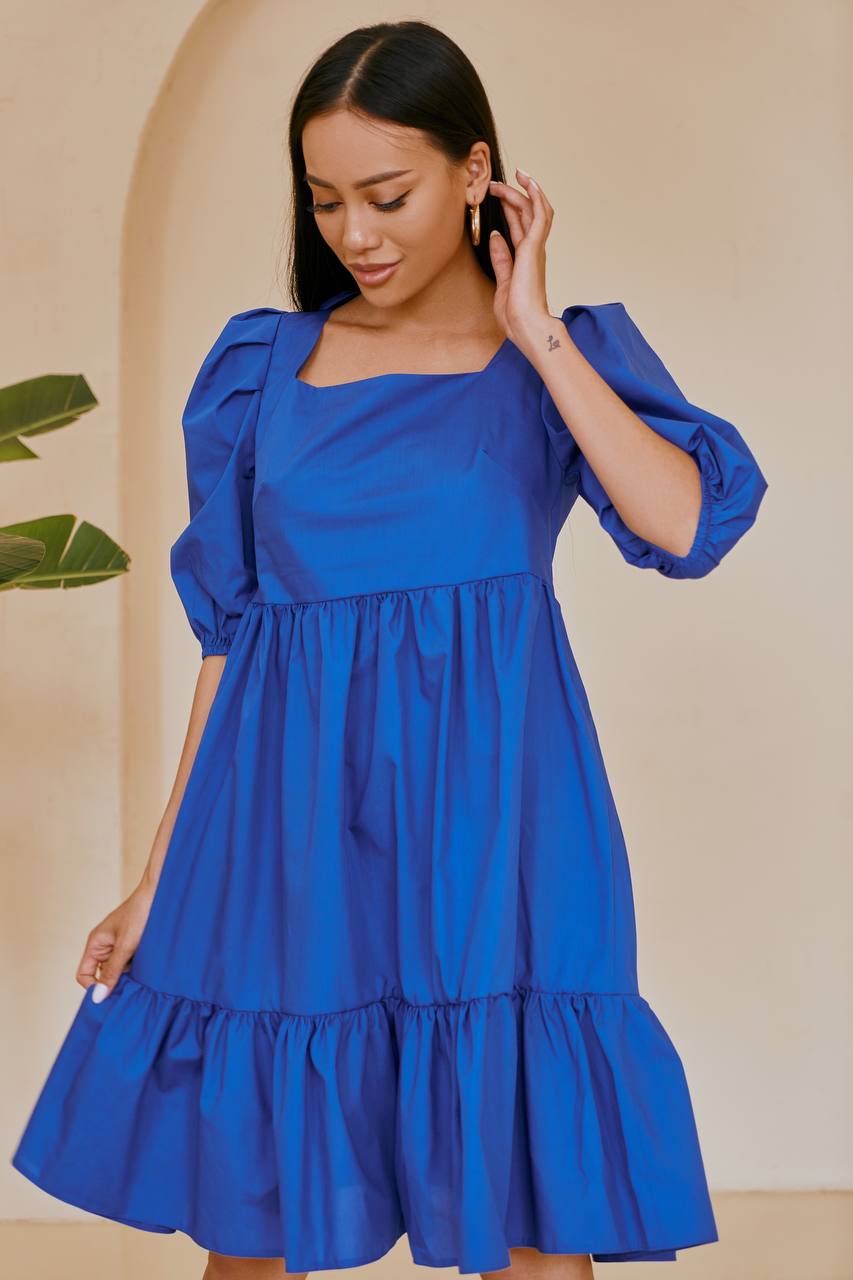 Blue SQUARE NECK PUFF-SLEEVE MINI DRESS (ARTICLE 346)