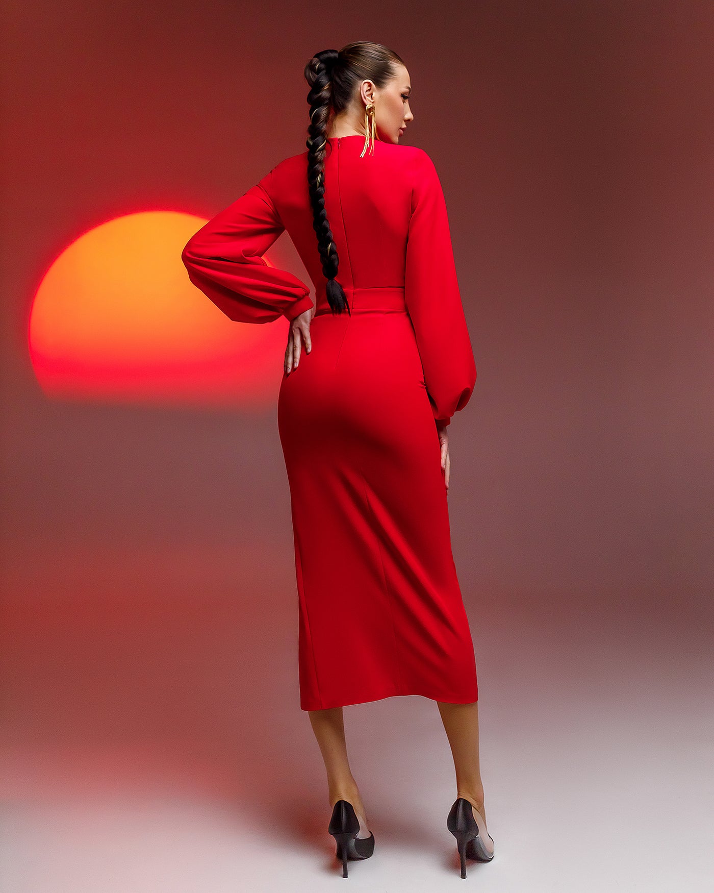 Red SQUARE NECK PUFF-SLEEVE MIDI DRESS (ARTICLE 353)