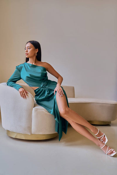 Emerald SATIN ONE-SHOULDER CUT-OUT MIDI DRESS (ARTICLE 341)