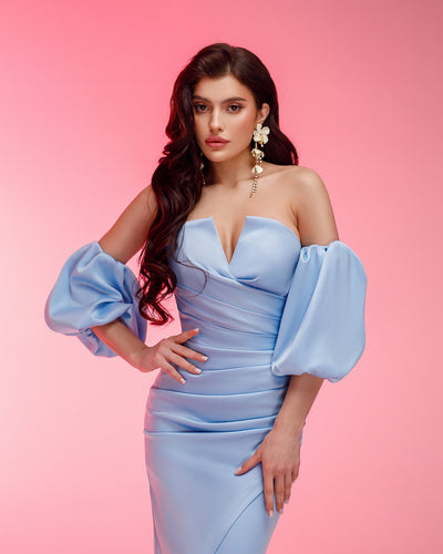 Sky blue PUFF-SLEEVE MIDI DRESS (ARTICLE 289)