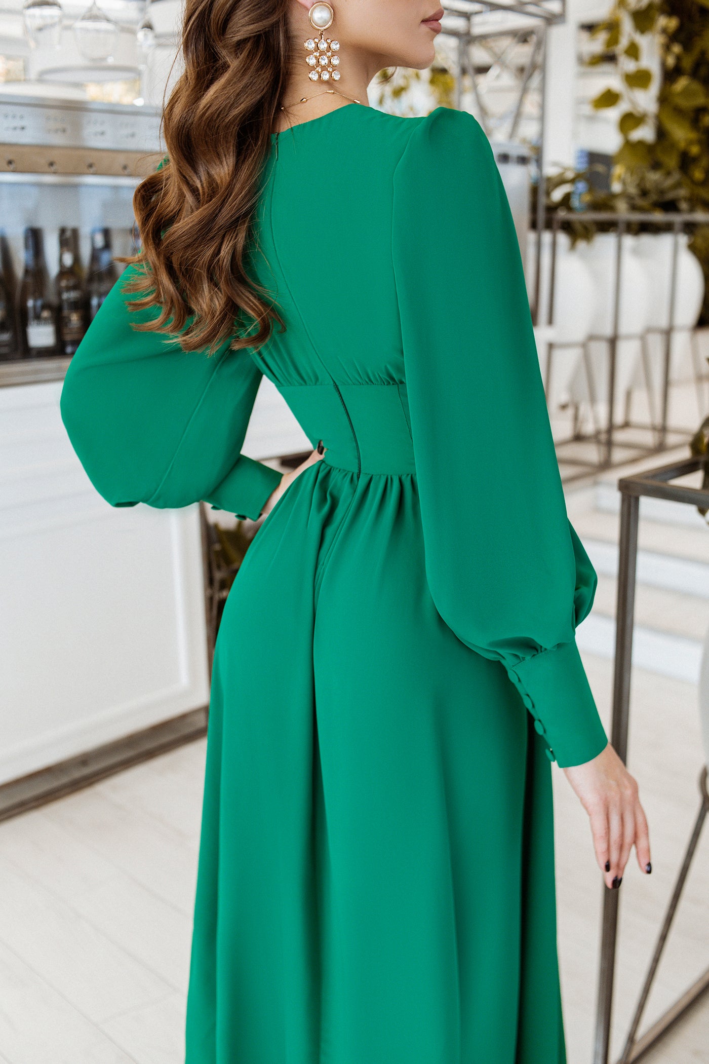 Green V-NECK BUTTONED PUFF-SLEEVE MIDI DRESS (ARTICLE C392)