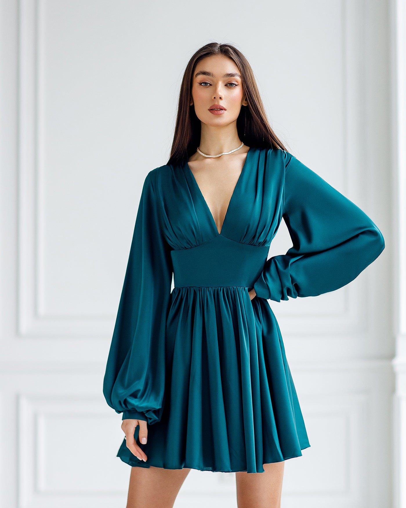 Emerald Silk Puff Sleeve Mini Dress (article 351)