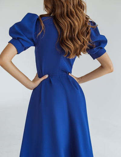 Blue FITTED PUFF-SLEEVE MIDI DRESS (ARTICLE C390)