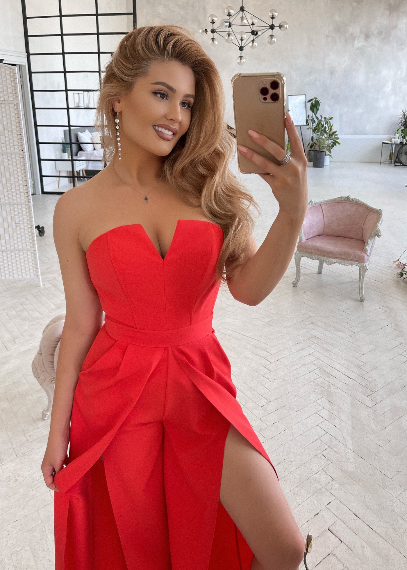 Red Strapless V-Neck Jumpsuit (article 323)