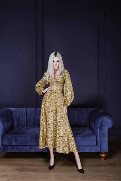 Gold PUFF SLEEVE MIDI DRESS (ARTICLE C329)