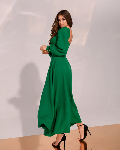 Green PUFF-SLEEVE MIDI DRESS (ARTICLE 401)