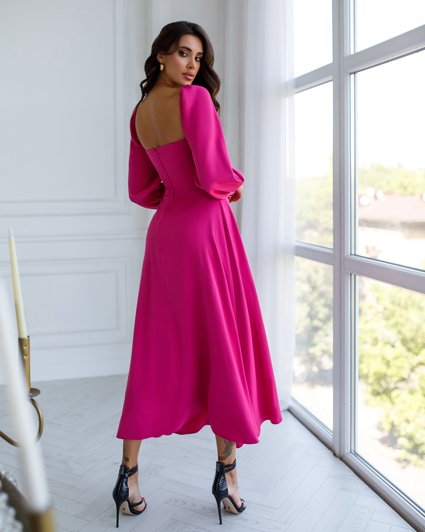 Crimson PUFF-SLEEVE MIDI DRESS (ARTICLE 401)