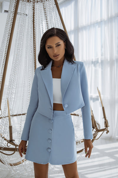 Sky blue CROP JACKET SKIRT SUIT 2-PIECE (ARTICLE C376)