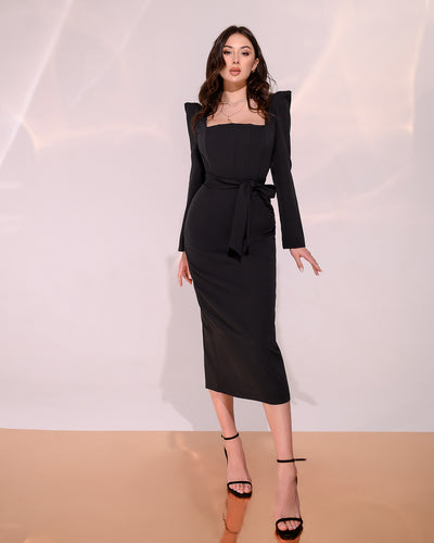 Black SQUARE NECK PUFF-SLEEVE MIDI DRESS (ARTICLE 318)