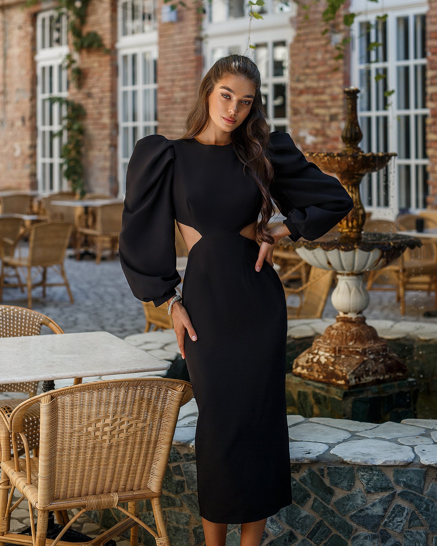 Black BACKLESS CUT-OUT PUFF-SLEEVE MIDI DRESS (ARTICLE 350)